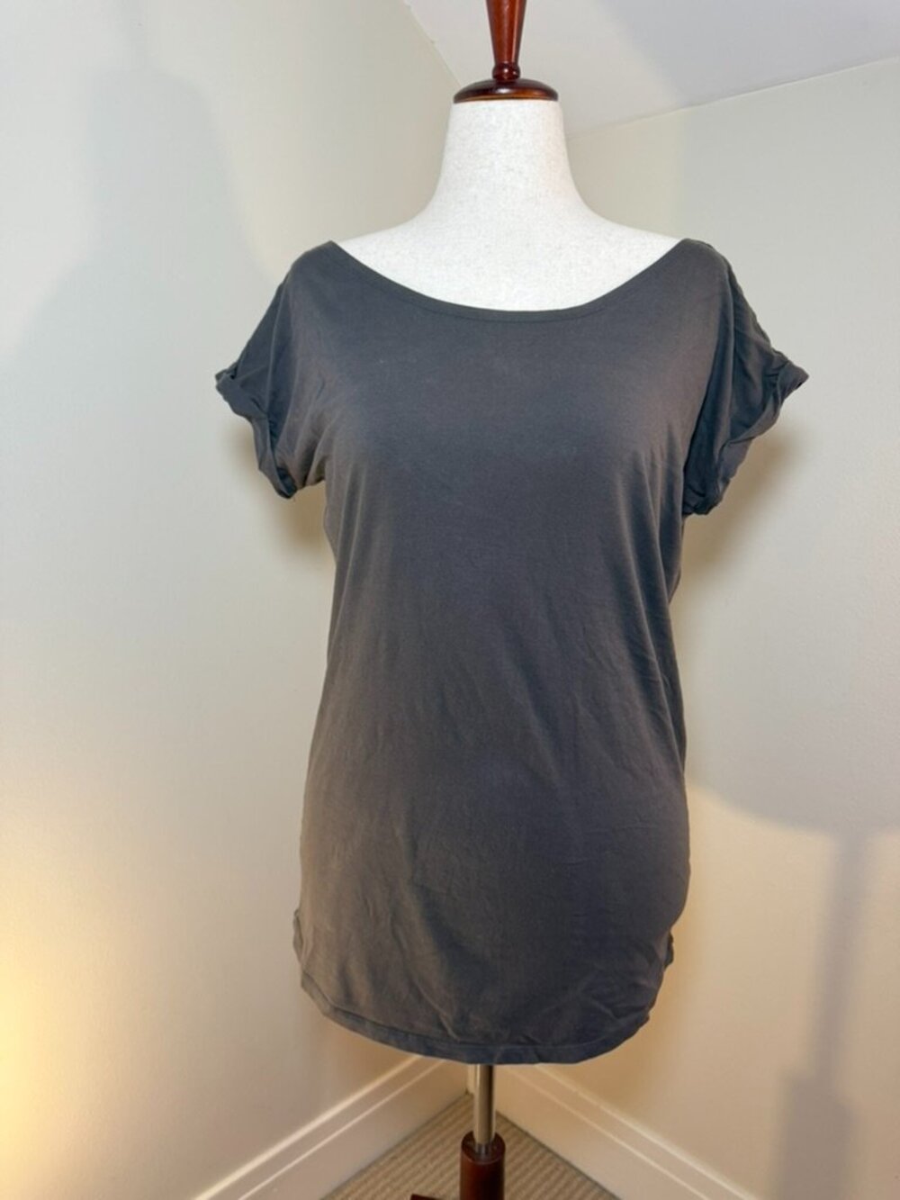 Moda International Charcoal Tunic Top | Flirty Scoop Back & Rolled Sleeves | M